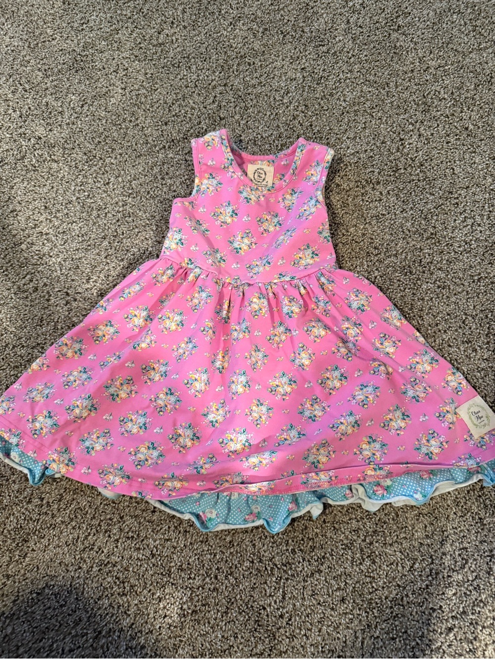 Girls Pink Floral Sleeveless Party Dress with Ruffle Hem 3T